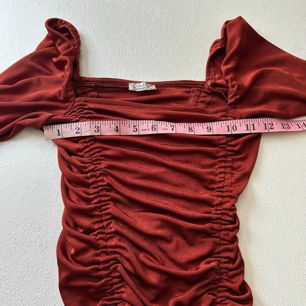 Free People XS Rust Ruched Bodysuit Bell Sleeve Boho Y2K Top